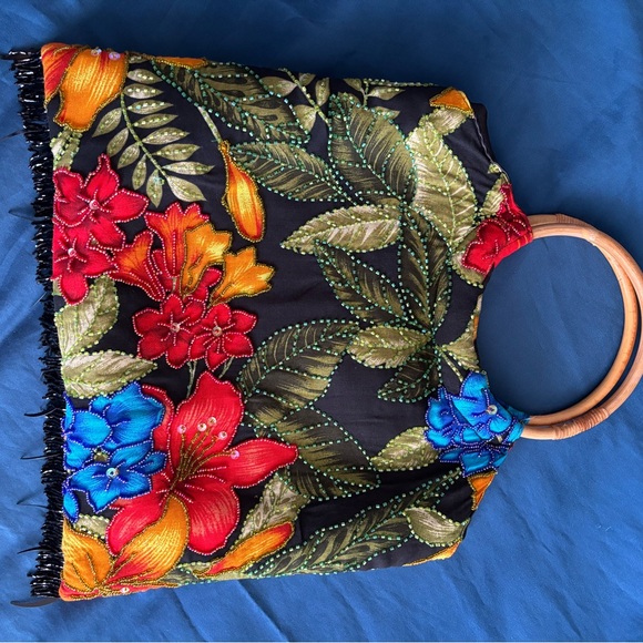 Brightly colored floral bag with beading outline flowers.  Bamboo ring handles. - Picture 2 of 5